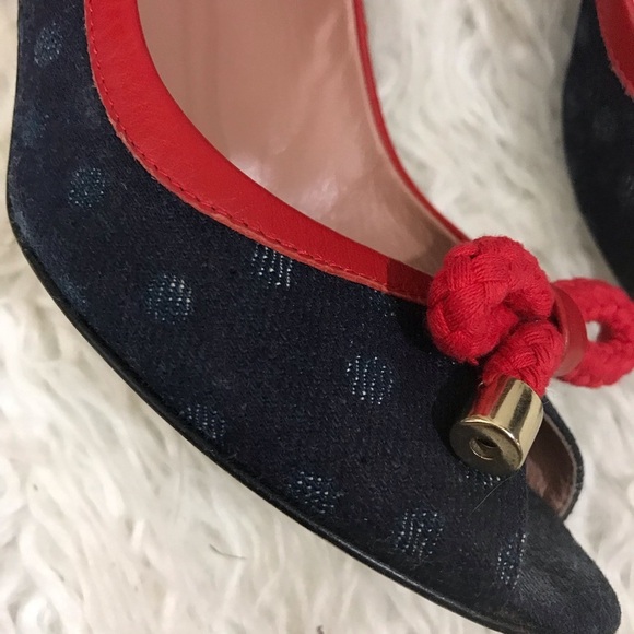 Red Valentino Denim Peep Toe Heels Size 37.5 $395 - Picture 2 of 7